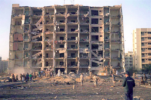 Nineteen Airmen died and hundreds were injured in the terrorist attack at Khobar Towers in Dhahran, Saudi Arabia, on June 25, 1996. The front of Bldg. 131 was blown off when a fuel truck parked nearby was detonated by terrorists. (Courtesy photo) 