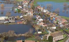Aerial view of the flooded village of Moorland in Somerset