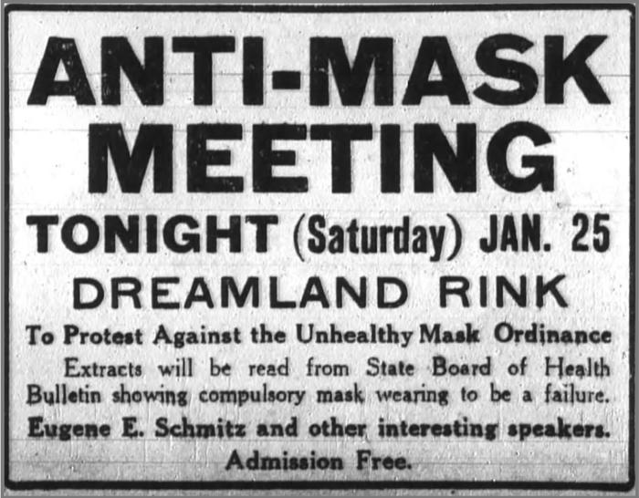 Anti Mask League Advertisement in San Fransisco, 1919